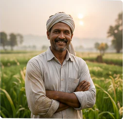 SCV farmer standing confidently in a healthy field