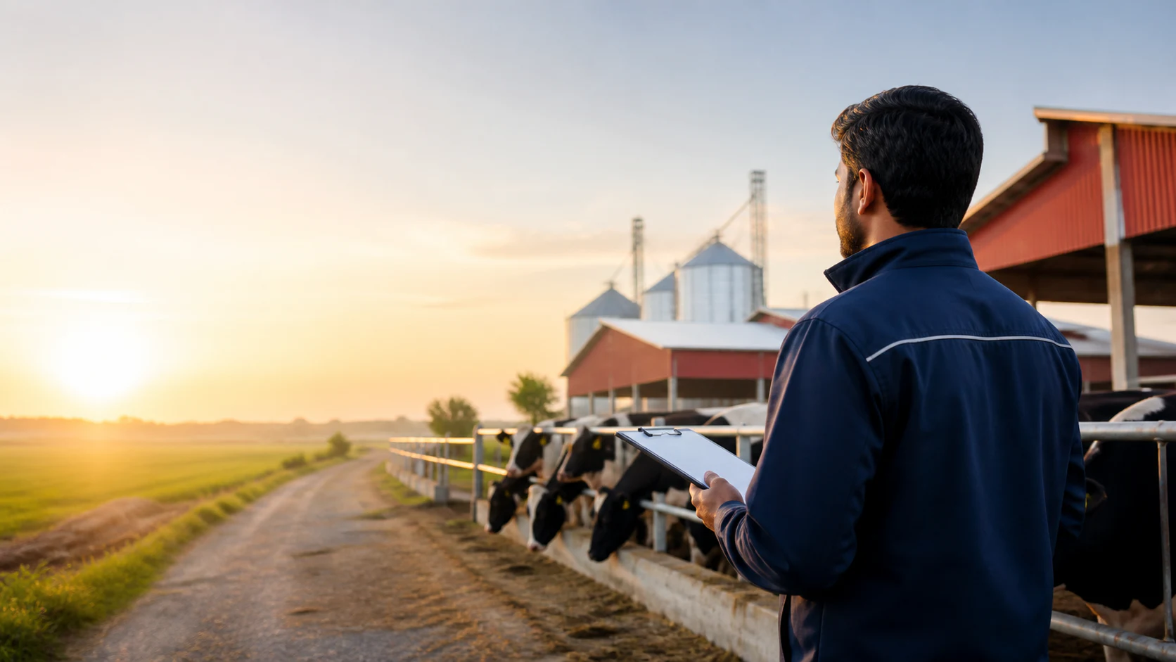 SCV field officer reviewing a dairy farm at sunrise